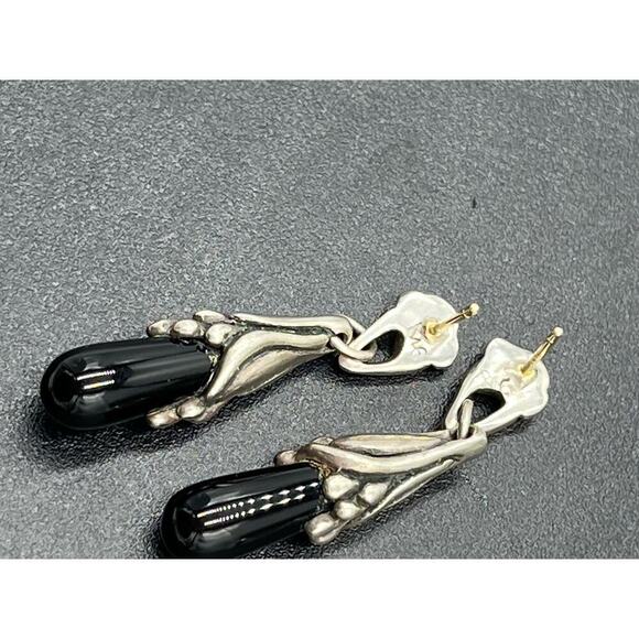 White Gold Posts black dangle earrings Silver tone caps - Picture 10 of 14